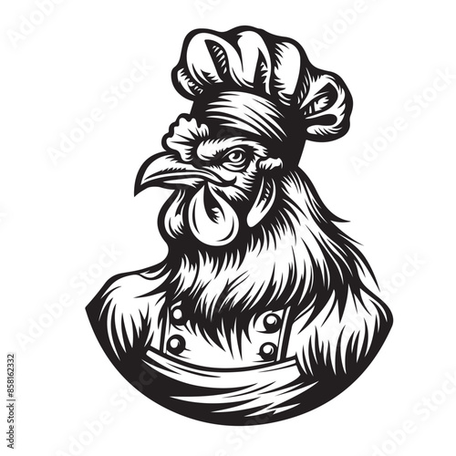 Vector of a rooster chef wearing a toque and chef's coat. black and white illustration. Farm animals.