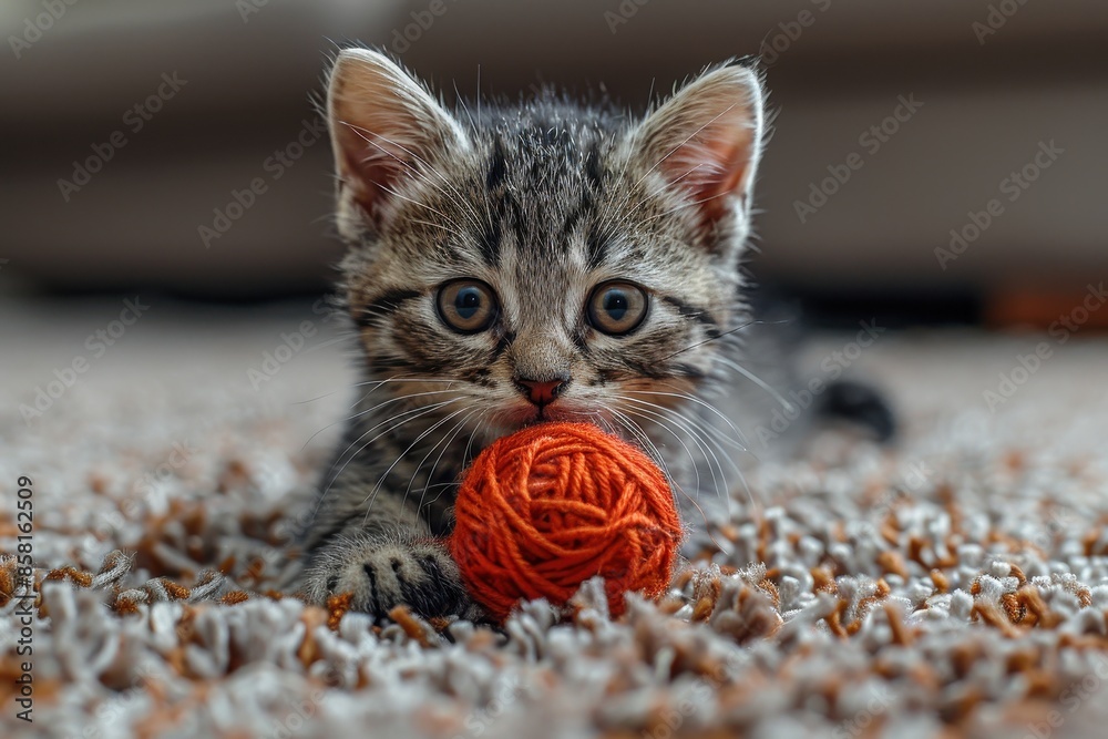 Naklejka premium A small tabby kitten playing with a ball of red yarn, on a soft carpet. The kitten looks curious and engaged