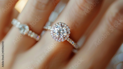 A glittering diamond ring is in sharp focus on a person's finger, surrounded by a polished metal band and adorned with additional small diamonds to enhance its elegance. © svastix