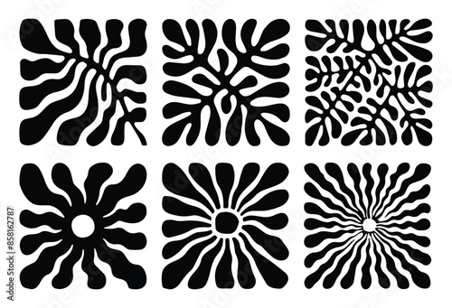 Matisse curves aesthetic. Groovy abstract flower art set. Organic floral doodle shapes in trendy naive retro hippie 60s 70s style. Hand drawn illustration of a plant