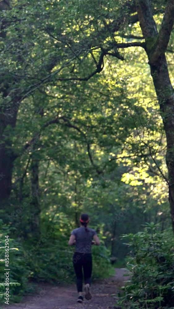 woman running in forest - woods workout - run in nature woman running in forest - woods workout - run in nature