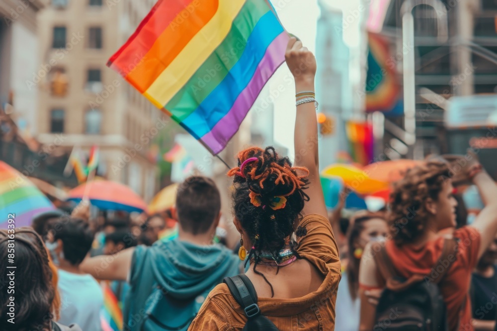 Obraz premium LGBT LGBTQ people waving rainbow flags at Pride parade
