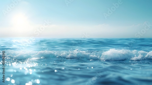 Abstract blurred background of blue sea water with bokeh and sun rays. Blurred light in the sky over calm ocean, banner template for summer vacation concept.