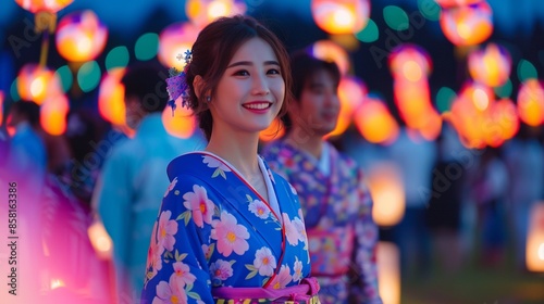 Festive attire displayed with people in colorful yukata and kimono at a Lantern Festival, glowing lanterns creating a joyful and bright night scene