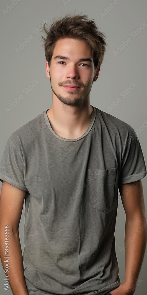 Stylish young man with a confident smile, casually posing in a t-shirt against a gray background. Stylish young man with a confident smile, casually posing in a t-shirt against a gray background.