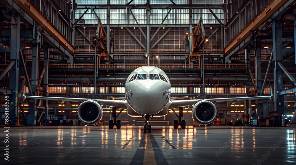 An airplane in the hangar, wide-angle lens, symmetrical composition, bright lighting, high contrast between white and gray colors, surrounded by steel beams and industrial equipment. An airplane in the hangar, wide-angle lens, symmetrical composition, bright lighting, high contrast between white and gray colors, surrounded by steel beams and industrial equipment.