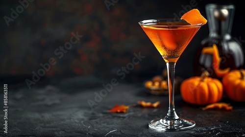 Halloween or fall cocktail pumpkintini on a dark view very detailed and realistic shape photo