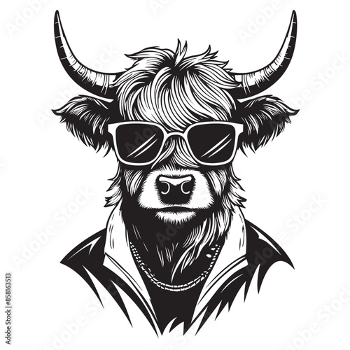 A cool and stylish black and white illustration of a highland cow wearing sunglasses and a chain. Perfect for t-shirt designs, logos, and branding.