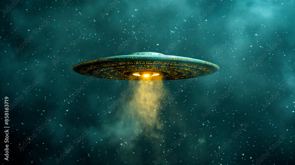 Alien spacecraft, UFO, flying saucer with beam of light in the night sky Alien spacecraft, UFO, flying saucer with beam of light in the night sky