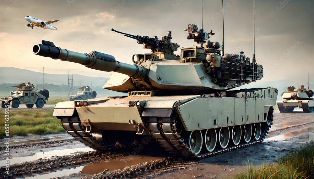 A tank M1 Abrams in a well-arranged column in muddy terrain, accompanied by smaller vehicles that are providing cover for the column. In the sky, there is a civilian-looking aircraft, which could like A tank M1 Abrams in a well-arranged column in muddy terrain, accompanied by smaller vehicles that are providing cover for the column. In the sky, there is a civilian-looking aircraft, which could like