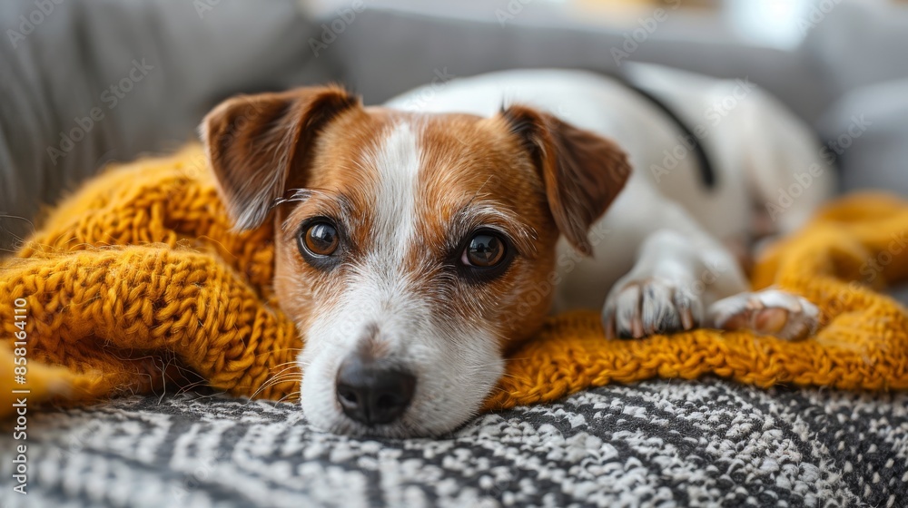 An adorable pup peacefully sleeping while cuddled in a cozy yellow knit blanket on a patterned couch, creating a warm and serene atmosphere of comfort and cuteness. An adorable pup peacefully sleeping while cuddled in a cozy yellow knit blanket on a patterned couch, creating a warm and serene atmosphere of comfort and cuteness.