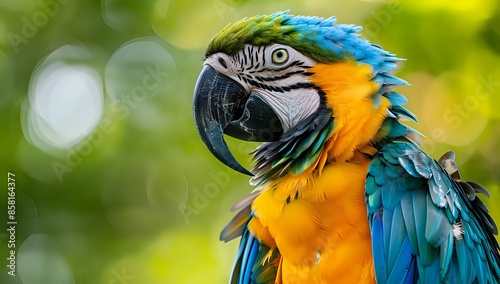 Macaw Parrot Close-up with Blue, Yellow, and Green Feathers Looking Left