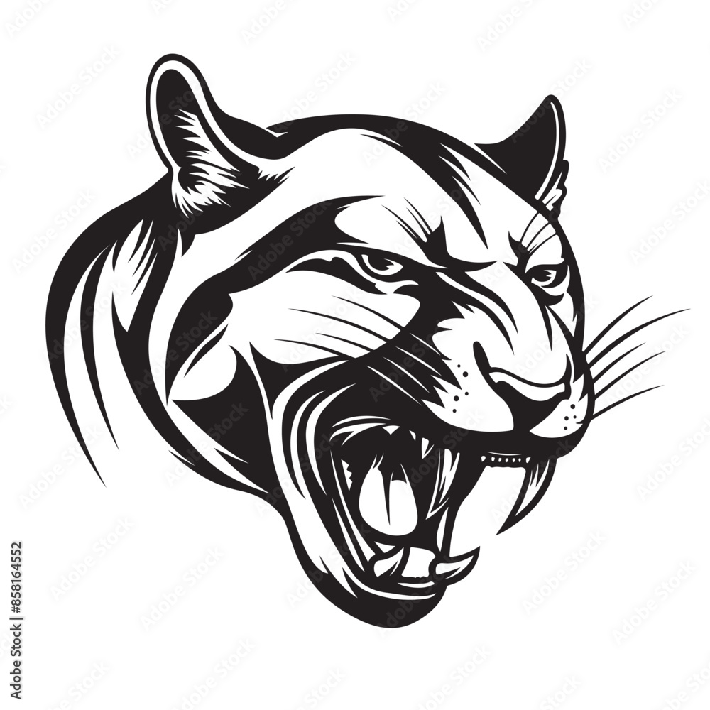 Vector of a fierce black and white illustration of a puma head, perfect for logos, tattoos, and branding projects. Wildlife Animals. Vector of a fierce black and white illustration of a puma head, perfect for logos, tattoos, and branding projects. Wildlife Animals.