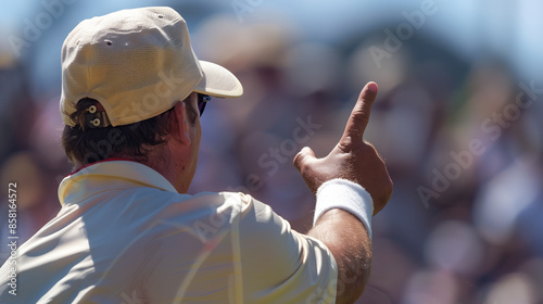 The umpire's finger is raised as he adjudicates an LBW decision photo