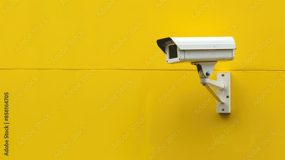 Contemporary security camera on yellow background with text area