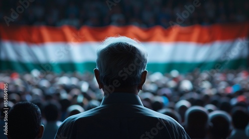 Large gathering for a speech by a local leader on Independence Day, the speaker standing in front of a massive tricolor backdrop, the crowd listening attentively