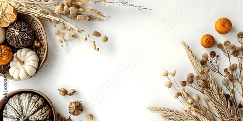 Thanksgivingthemed objects set on a white background. Concept Thanksgiving theme, White background, Seasonal objects, Tabletop decor, Autumnal still life