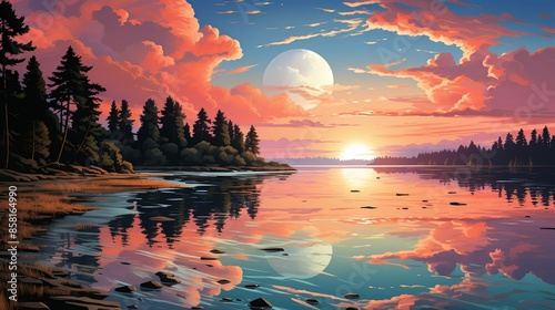 A stunning illustration of a sunset over a tranquil lake, with reflections of the vibrant sky and surrounding trees on the calm water. Illustration, Minimalism,