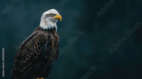Close up image of a bald eagle perched in a falcrony with space for text photo