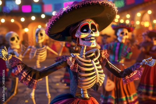 Colorful Day of the Dead Celebration with Dancing Skeletons in Traditional Attire