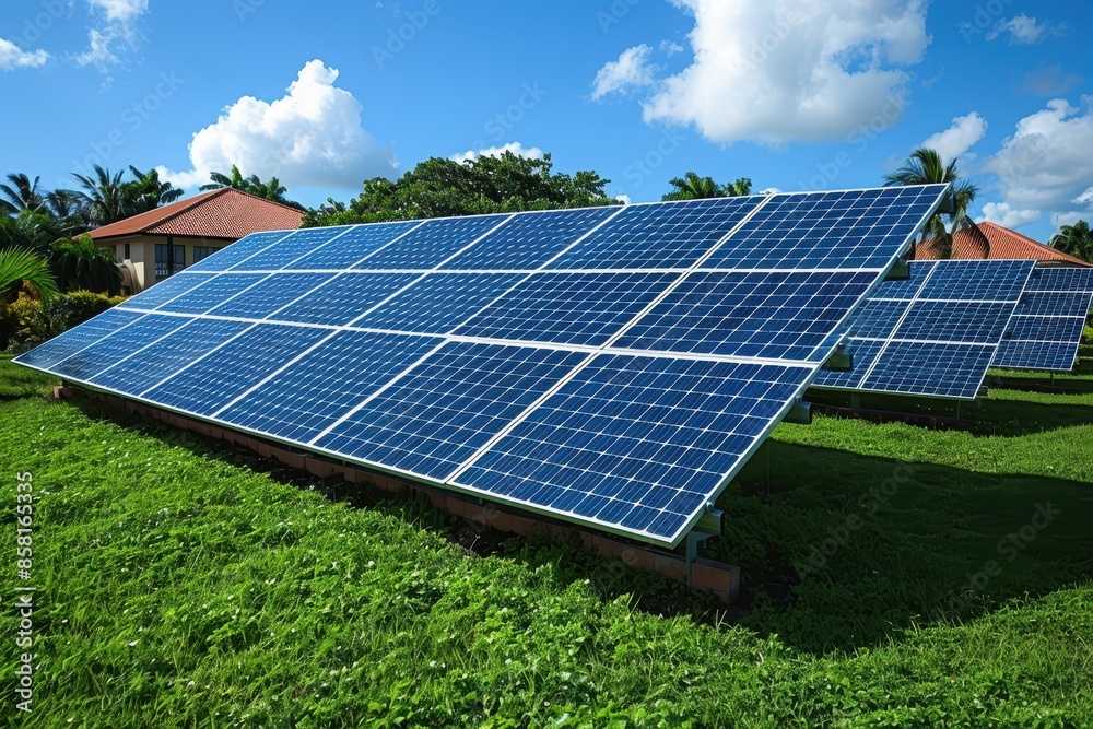 A solar farm with rows of solar panels under a bright, sunny sky, showcasing large-scale renewable energy production. A solar farm with rows of solar panels under a bright, sunny sky, showcasing large-scale renewable energy production.