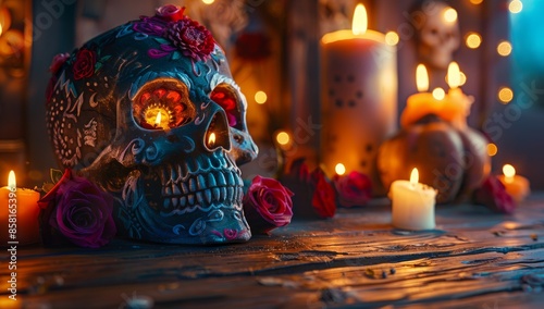 Colorful Day of the Dead Skull with Roses and Candlelight Decorations photo