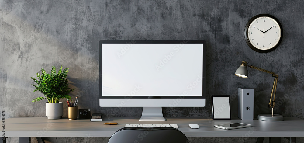 Fototapeta premium Digital Workspace with Computer, Blank Screen, Desk, and Wall Clock in Minimalist Home Office Studio
