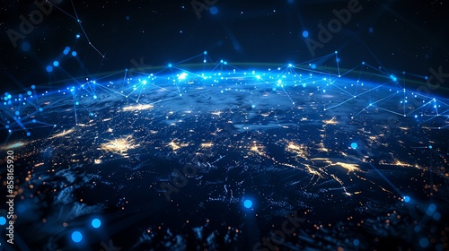 A modern, futuristic portrayal of Earth surrounded by an advanced network of glowing digital connections, symbolizing the extensive Internet and data infrastructure.