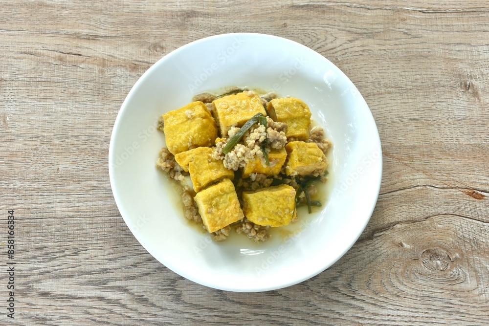 deep fried yellow tofu with mashed pork with celery on plate deep fried yellow tofu with mashed pork with celery on plate