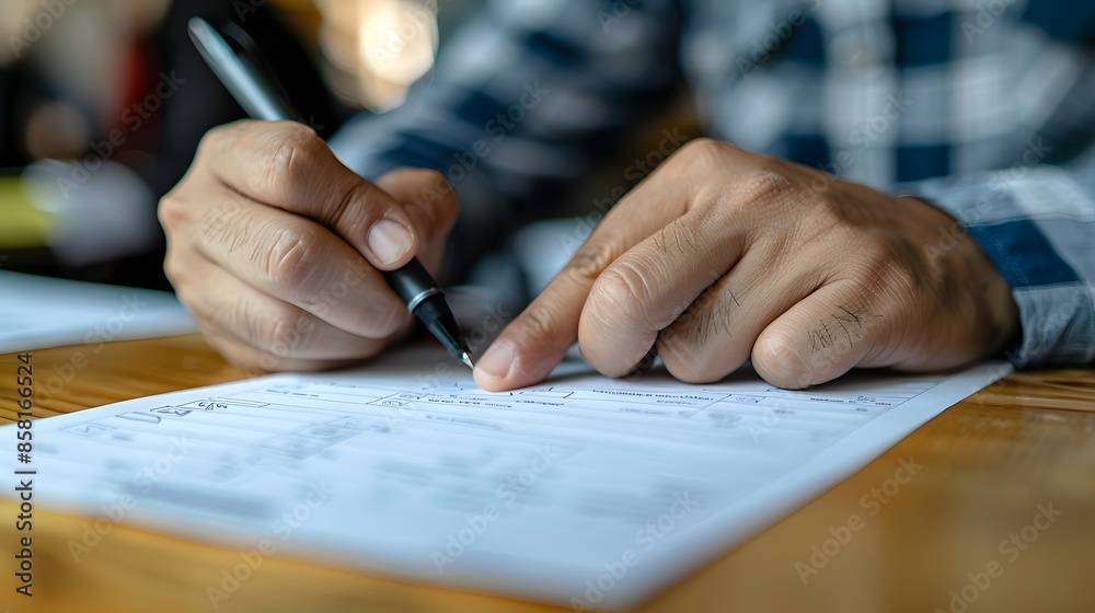 Close up of hands writing on a form with a pen, taking an exam at a school desk, close up focus. Close up of hands writing on a form with a pen, taking an exam at a school desk, close up focus.