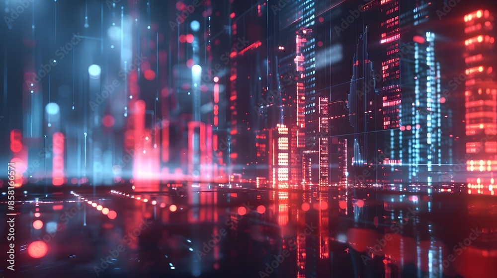 Digital background featuring red and blue glowing bar charts on glass, holographic light effects, and dark tones. creating an atmosphere reminiscent of futuristic technology events. Digital background featuring red and blue glowing bar charts on glass, holographic light effects, and dark tones. creating an atmosphere reminiscent of futuristic technology events.