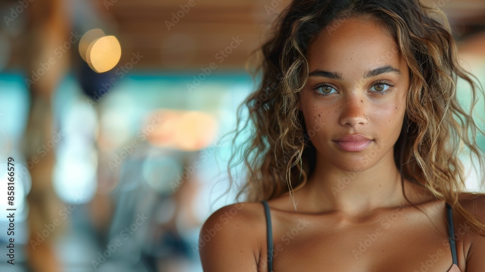 Fototapeta premium A woman poses casually in a modern gym, with a relaxed yet confident demeanor, reflecting athleticism and well-being, set against the contemporary fitness environment.