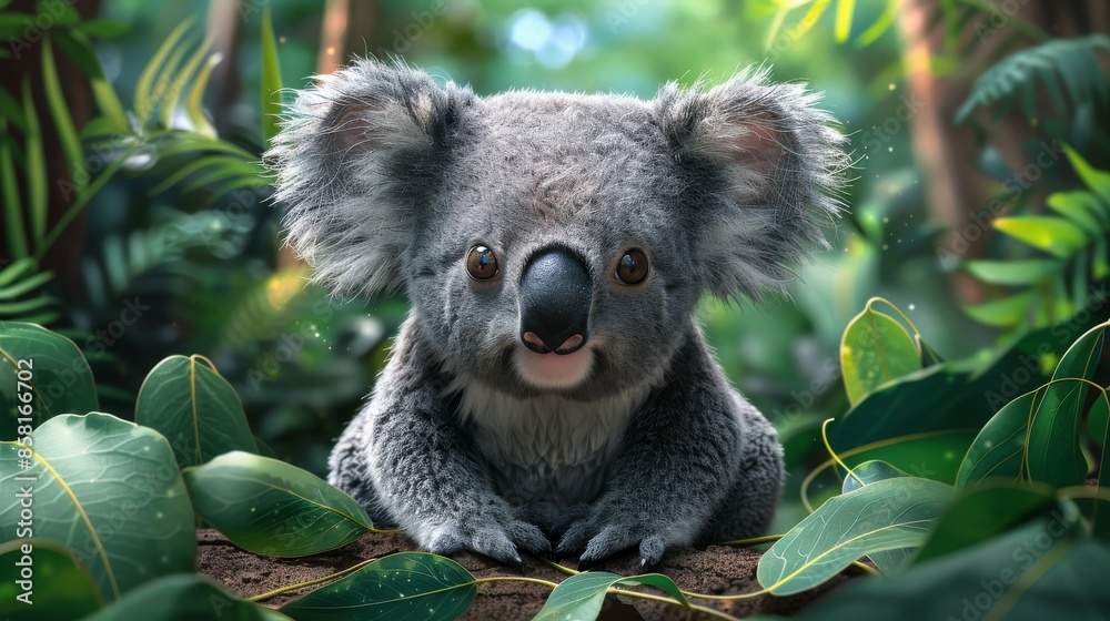 Obraz premium A delightful koala is seen perched amidst vibrant green foliage in a lush forest, showcasing the charm and serene beauty of wildlife amidst nature.