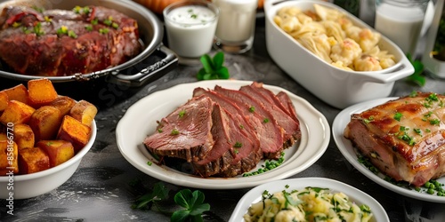 St Patricks Day feast with traditional Irish dishes like corned beef and cabbage. Concept Irish Cuisine, St, Patrick's Day Feast, Traditional Dishes, Corned Beef and Cabbage