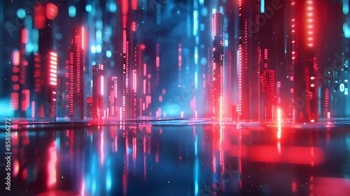 Digital background featuring red and blue glowing bar charts on glass, holographic light effects, and dark tones. creating an atmosphere reminiscent of futuristic technology events.