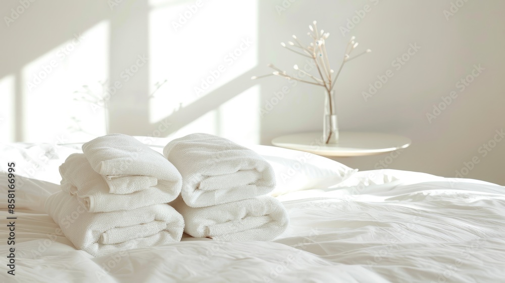 A stack of white towels and beige blankets rest on a white bed in a modern bedroom A stack of white towels and beige blankets rest on a white bed in a modern bedroom