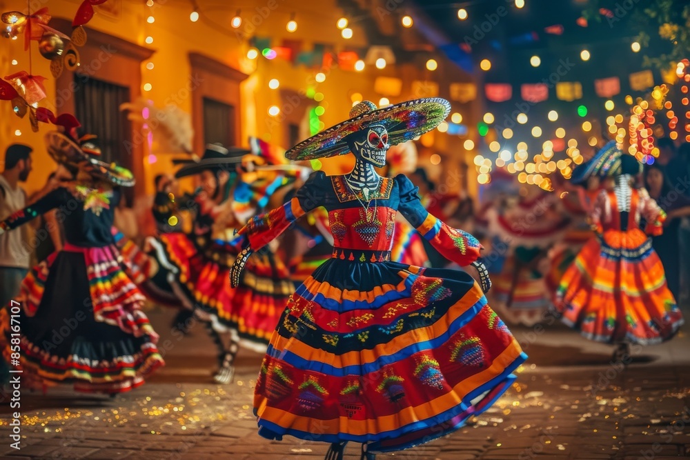 Fototapeta premium Traditional Day of the Dead Celebration with Festive Dancing and Colorful Costumes at Night