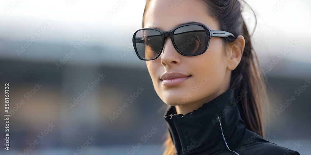 Photo of a stoic woman in sporty attire and sunglasses at a horse race. Concept Fashion, Sports, Horse Racing, Stoic Portrait, Sunglasses Photo of a stoic woman in sporty attire and sunglasses at a horse race. Concept Fashion, Sports, Horse Racing, Stoic Portrait, Sunglasses