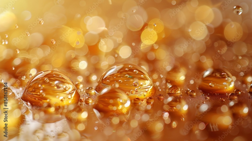 Golden colored droplets of liquid with a beautifully blurred bokeh background, providing a warm and mesmerizing visual experience with reflections and highlights. Golden colored droplets of liquid with a beautifully blurred bokeh background, providing a warm and mesmerizing visual experience with reflections and highlights.