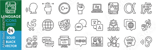 A set of line icons related to language. Language, translation, speech, listen and speak, rough, sign, foreign, gesture and so on. Vector outline icons set.