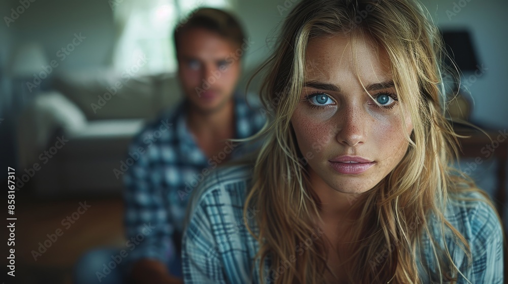 A young woman with striking blue eyes stares directly into the camera, with a blurred figure in the background, highlighting emotional depth in an indoor setting.
