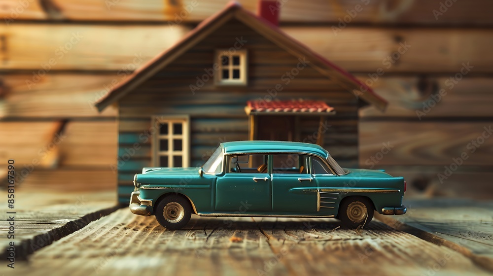 Fototapeta premium House on wooden background with retro toy car very detailed and realistic shape
