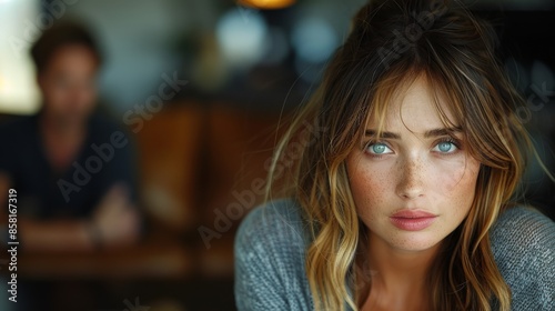 A blonde woman with mesmerizing blue eyes and freckles gazes intensely at the camera with a blurred person in the background, creating an intimate and emotional connection.
