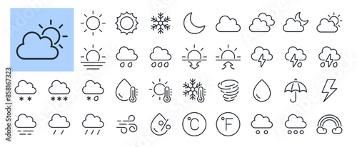Weather and meteorology editable stroke outline icons set isolated on white background flat vector illustration. Pixel perfect. 64 x 64.