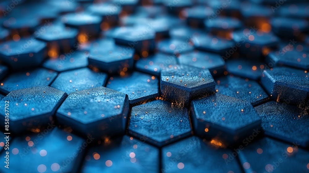 Close-up view of intricately layered hexagonal structures emitting light, showcasing a modern interplay of geometry and technology, blending art and science seamlessly. Close-up view of intricately layered hexagonal structures emitting light, showcasing a modern interplay of geometry and technology, blending art and science seamlessly.