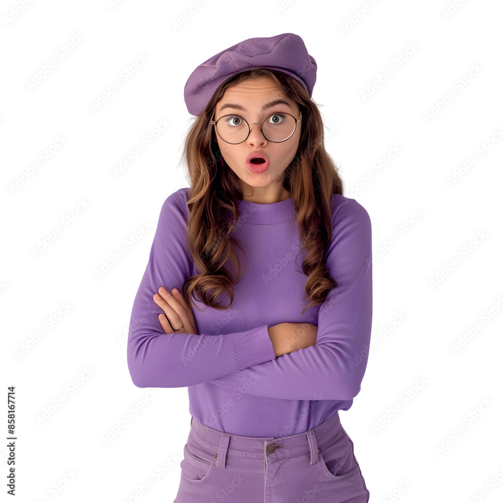 Isolated Young girl doing poses sad confused amazed angry happy with beret and glasses Isolated Young girl doing poses sad confused amazed angry happy with beret and glasses