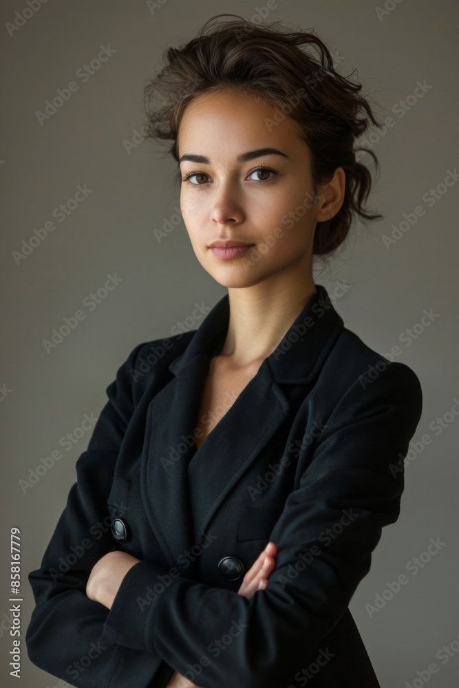 professional portrait of young woman with curly brown hair, wearing black blazer, confidently looking directly at camera. Her expression is serene and confident, symbolizing professionalism and poise professional portrait of young woman with curly brown hair, wearing black blazer, confidently looking directly at camera. Her expression is serene and confident, symbolizing professionalism and poise