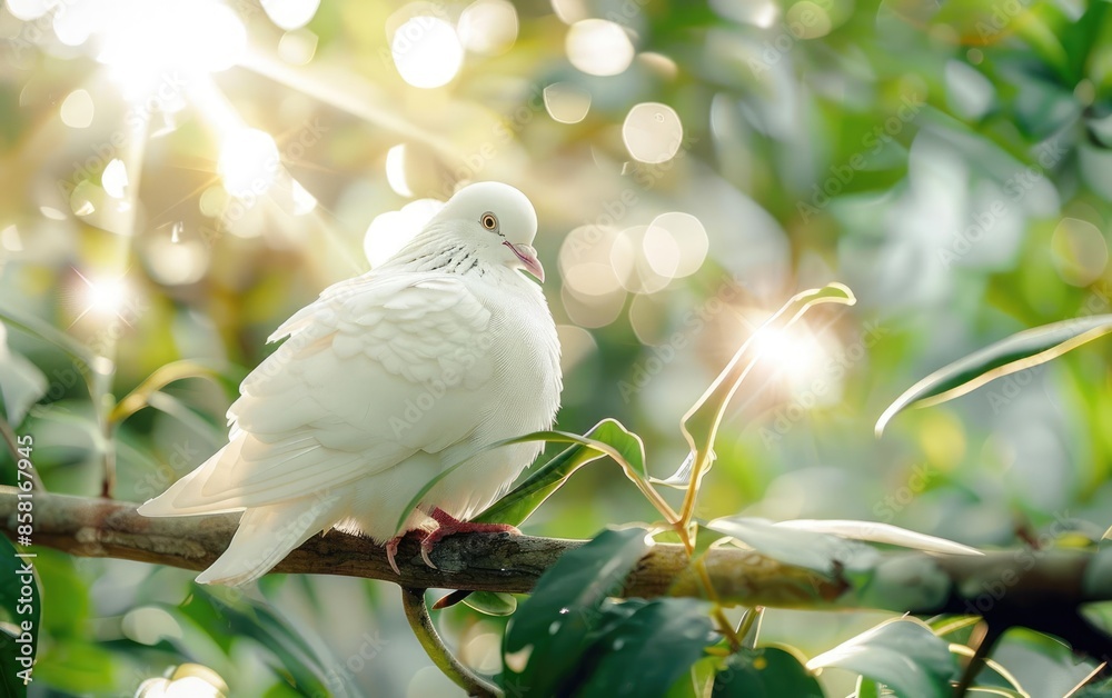 Obraz premium A white dove perched on a branch, bathed in warm sunlight filtering through green leaves.