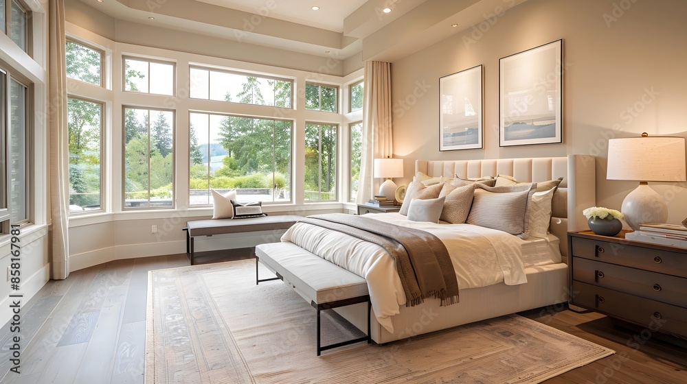 Gorgeous modern farmhouse bedroom with large windows, soft lighting and comfortable furniture in an elegant setting. The room features wood flooring and a natural landscape outside the glass. Gorgeous modern farmhouse bedroom with large windows, soft lighting and comfortable furniture in an elegant setting. The room features wood flooring and a natural landscape outside the glass.