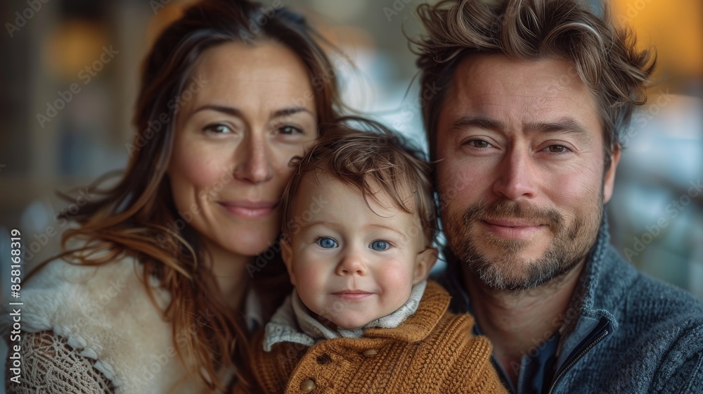 A joy-filled family portrait of parents and their baby, smiling in a comfortable and cozy home setting, representing warmth, affection, and family bonds. A joy-filled family portrait of parents and their baby, smiling in a comfortable and cozy home setting, representing warmth, affection, and family bonds.